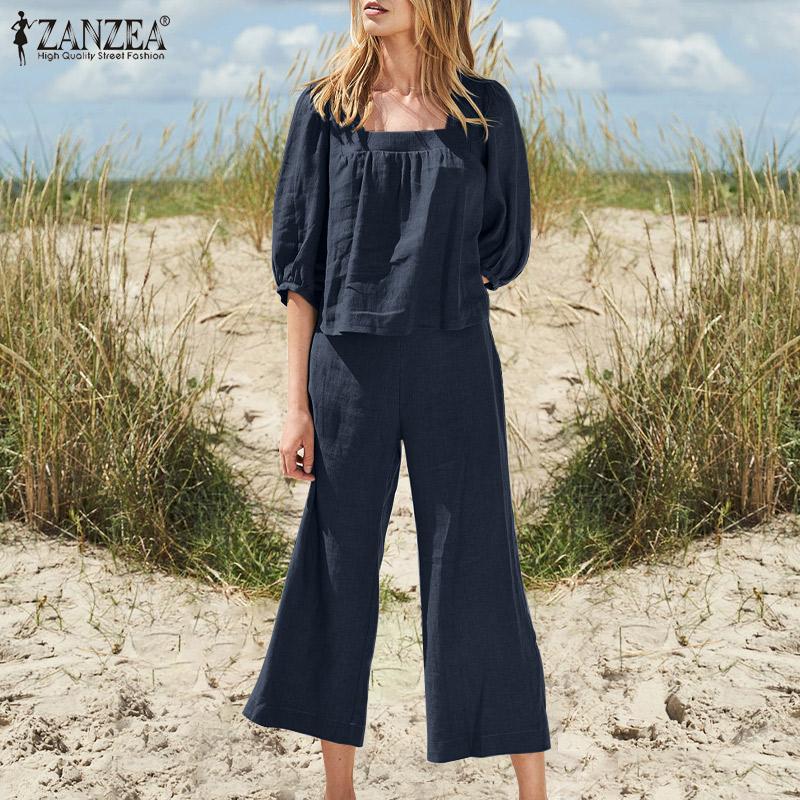 

ZANZEA Женская повседневная свободная блузка с короткими рукавами, укороченные брюки, хлопковый костюм из двух предметов