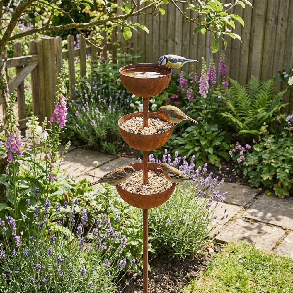 3-Tier Bowl Metal Bird Bath Rusted Bird Feeding Station Garden Rain Catcher Patio Backyard