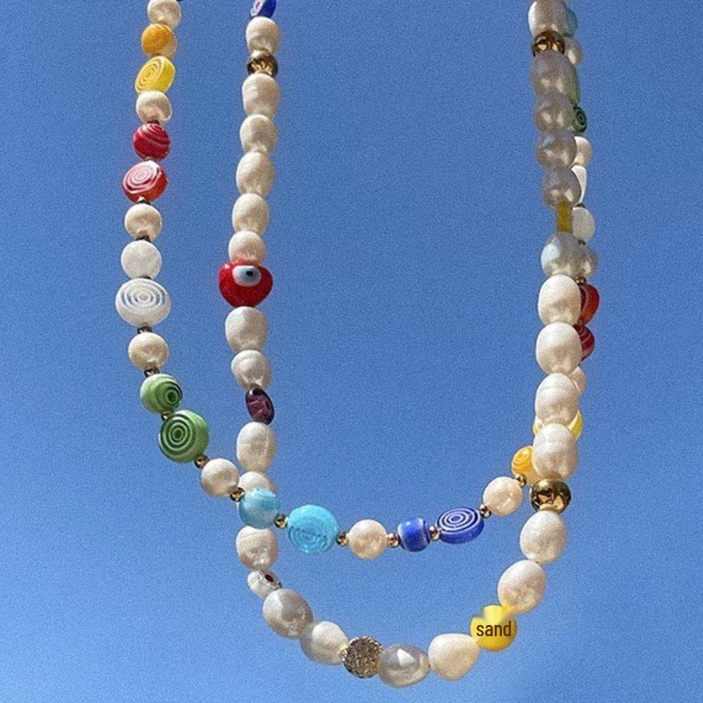 

Ethnic Style Baroque Pearl Layered Necklace with Lucky Heart and Eye Beads