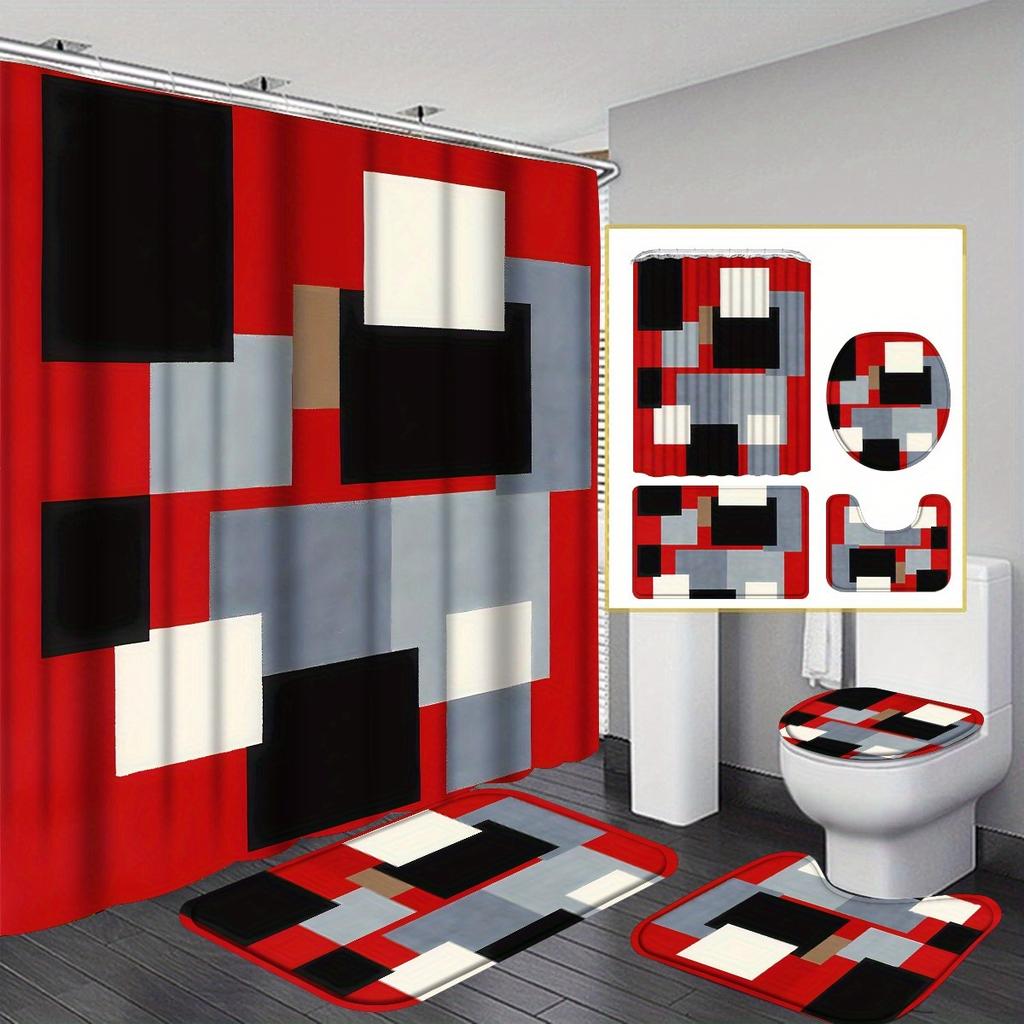 4Pcs Modern Art Shower Curtain Set with Non-Slip Bath Mat, Toilet Lid Cover, Contour Rug & 12 Hooks, Bathroom Decor