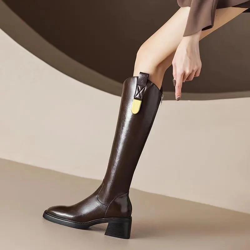 French Style V-knee Long Boots Women's Autumn Winter 2024 New Versatile British Style Boots Thick Soles High Heels
