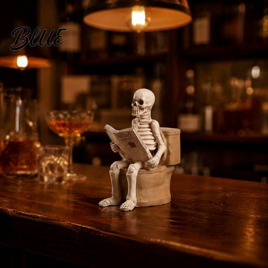 Quirky Gift for Friends Skeleton Sitting on Toilet Resin Figurine Realistic Skull Tabletop Spooky Photography Setting Prop Ornament Creative