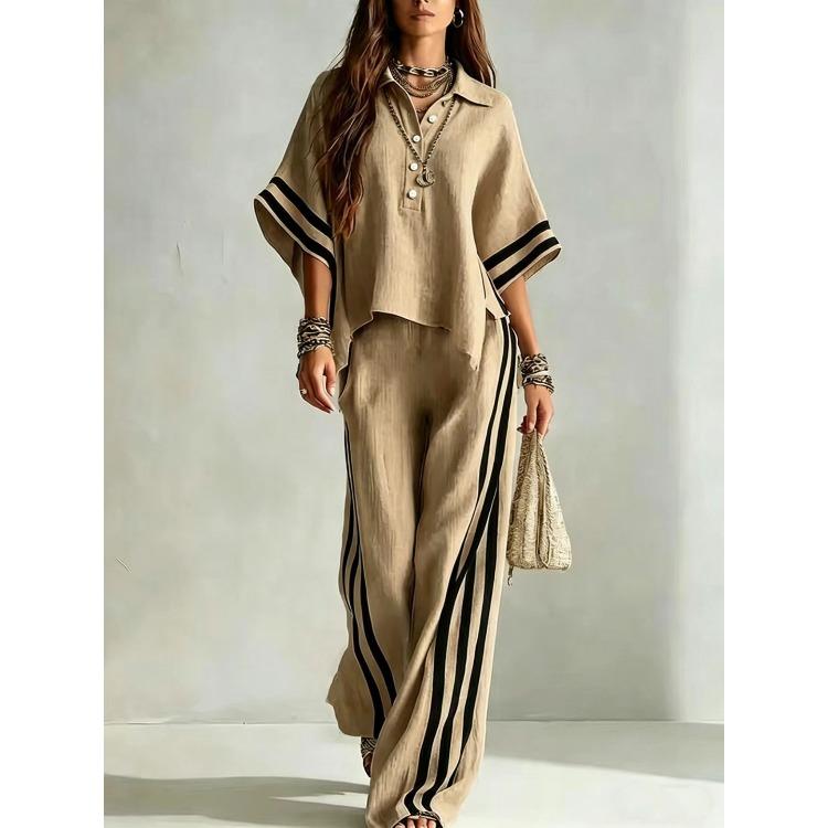 Women's Casual Short Sleeve Button Down Top with Wide Leg Pants Lounge Set