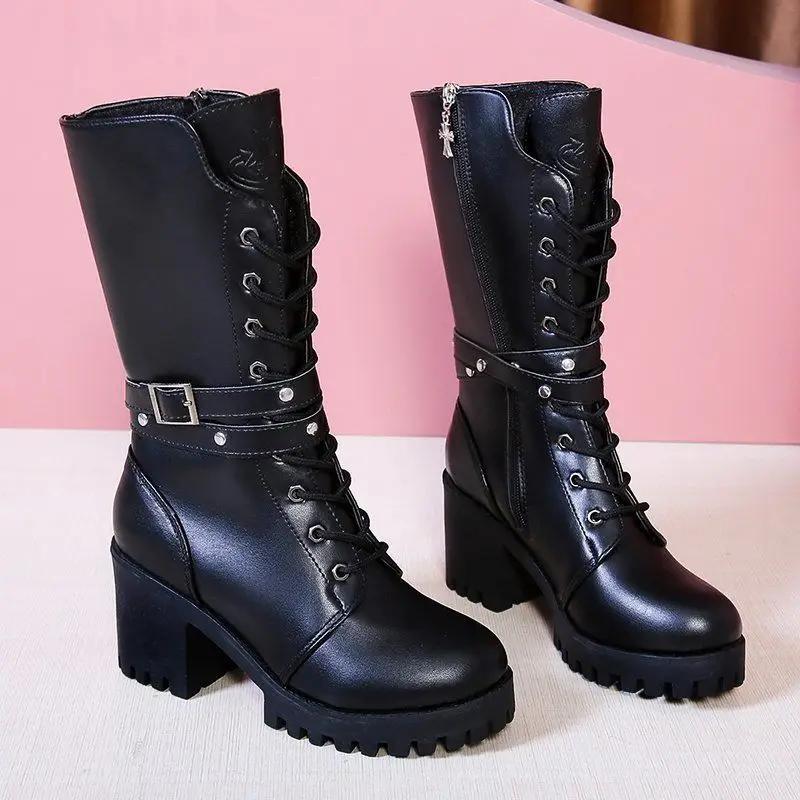 Fashion Lace-up Round Toe Women's Half High Boots Comfortable and Elegant Fashion 2025 Gothic Y2k on Promotion New Ladies Mid Calf Shoes