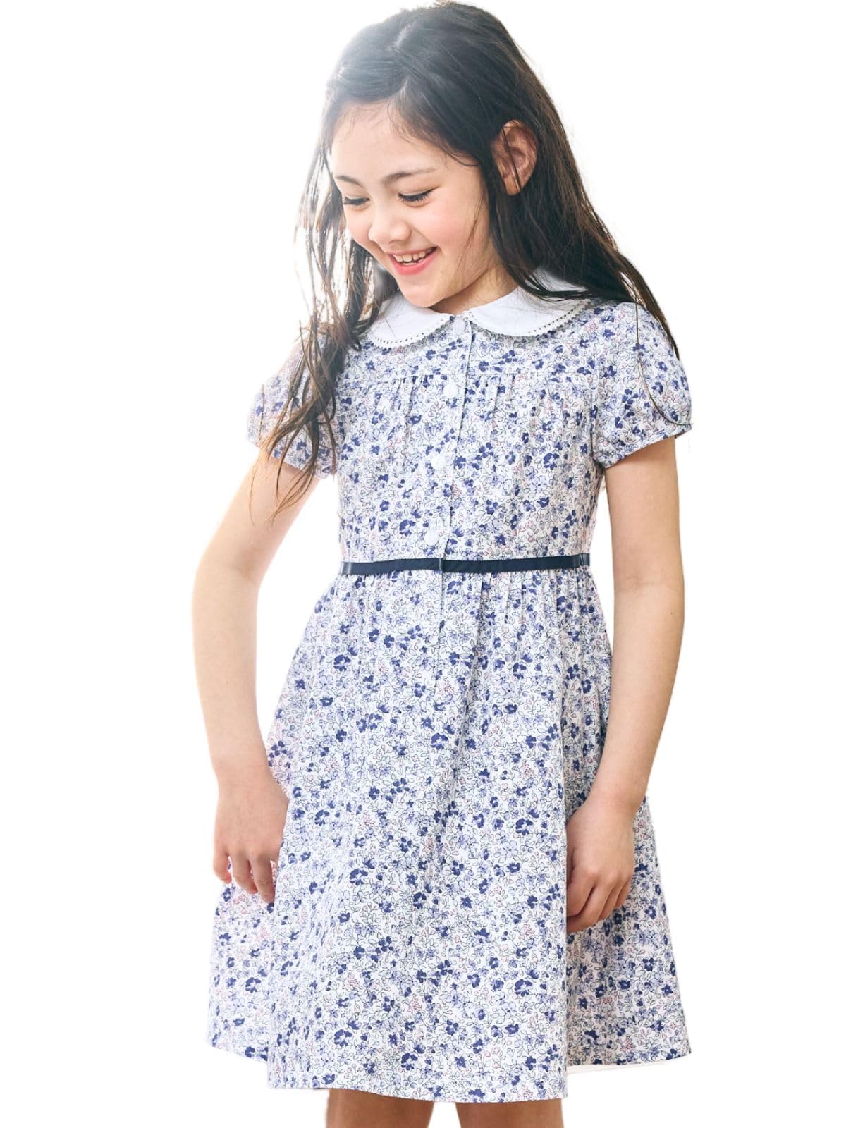 

Chopin Round Collar Short Sleeve Floral Print Perfect for School Entrance School and Other Navy with Floral Girls Dress, Exams, Commutes,