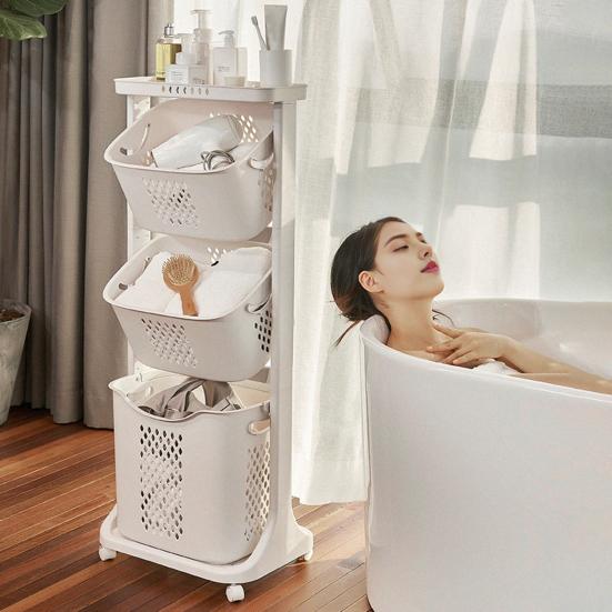 Yousheng Multi-Tier Rolling Laundry Hamper Dirty Clothes Basket Cart with Removable Basket Top Shelf Wheeled Laundry Storage Cart for Bedroom Bathroom