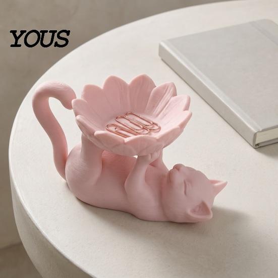 Unique Home Decor 3D Printed Lazy Lying Cat Lotus Jewelry Tray, Cute Figurine Office Desk Storage Trinket Dish, Desktop Catchall for Rings Earrings