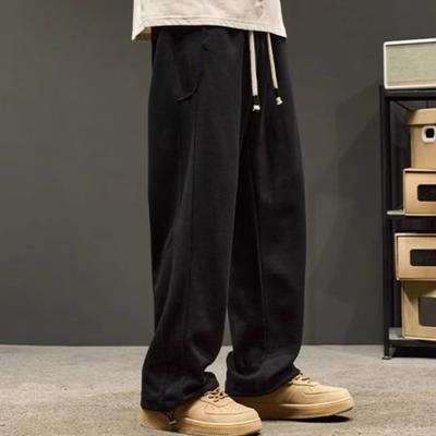Men Fall Winter Pants Drawstring Elastic Waist Loose Thick Plush Pockets Wide Leg Straight Soft Men Casual Long Sports Trousers Sweatpants