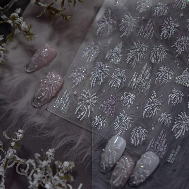 Pretty Colourful Firework Castle Shiny Romantic Pyrotechnics Embossment Self Adhesive Nail Art Stickers New Year Manicure Decals