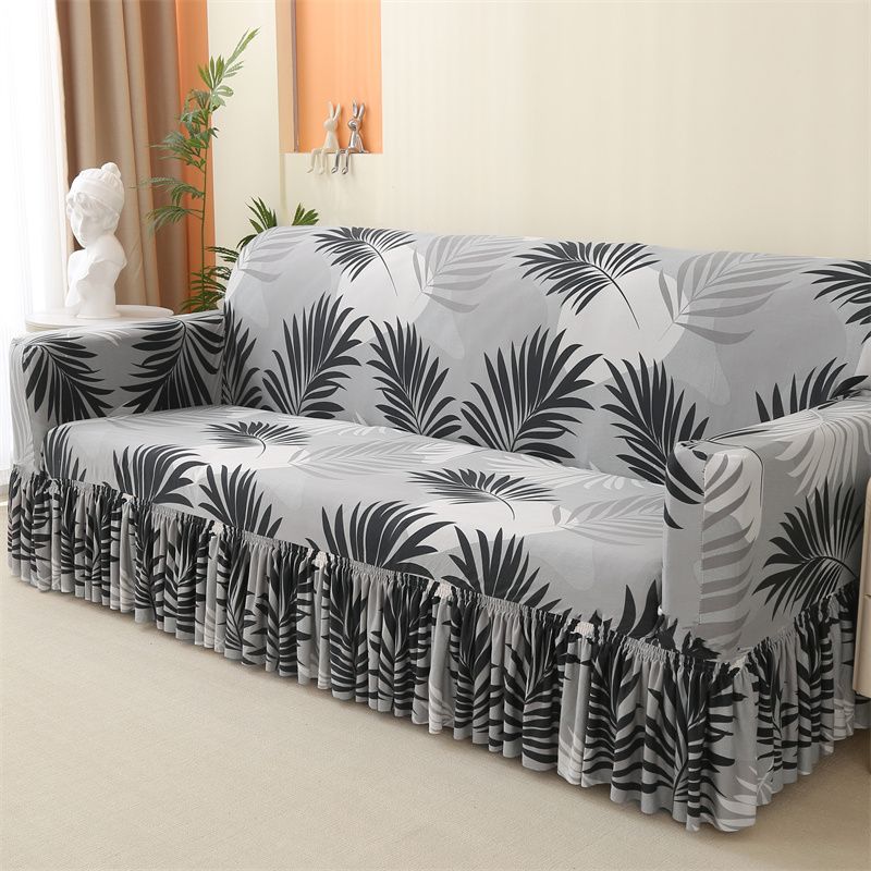 Geometric Elastic Sofa Cover with Skirt Fits Single To Four-Person Sofas Sofa Protection Cover|Elegant Home Accessory|Ruffled Edge Detail