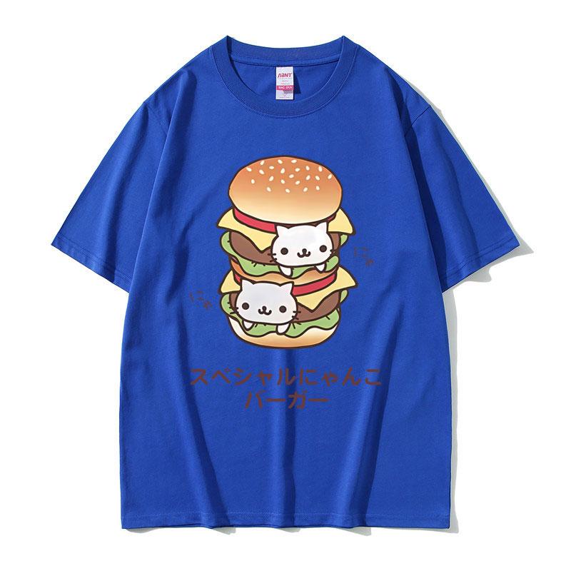 Nyan Nyan Nyanko Cat Double Hamburger Funny Meme Tshirt Unisex Unisex Fashion Oversized T Shirts Male Casual Cotton Crewneck Tshirt