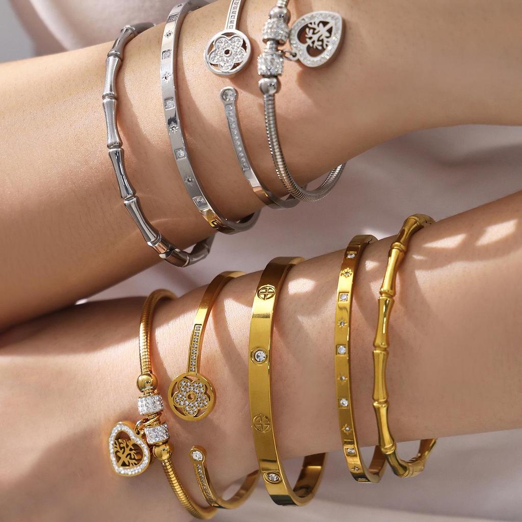 18k Gold-Plated Zircon Bamboo Bracelet Set: Geometric, European & American Style