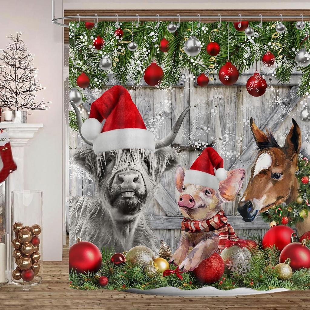 Funny Christmas Shower Curtain, Rustic Farmhouse Winter Christmas Ball Snowflake Shower Curtain Holiday Decorative, Farm Animals