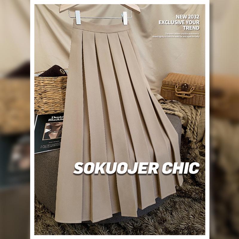 Högkvalitativ medellång plisserad A-linjeformad kjol med resår i midjan för kvinnor - Mångsidig höst/vinterstil