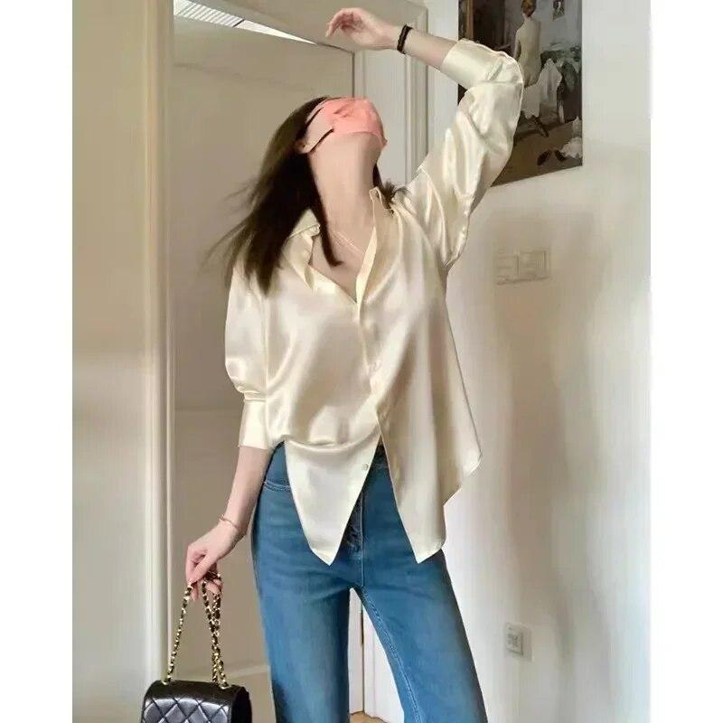 Fashion Satin Silk Long-sleeve Loose Shirts Autumn Office-lady Women French Bottoming Tops Design Shirts Clothes Blusas 29830