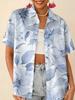 Gentle blue floral printed shirt for women, short-sleeve loose lapel design, niche vacation style top