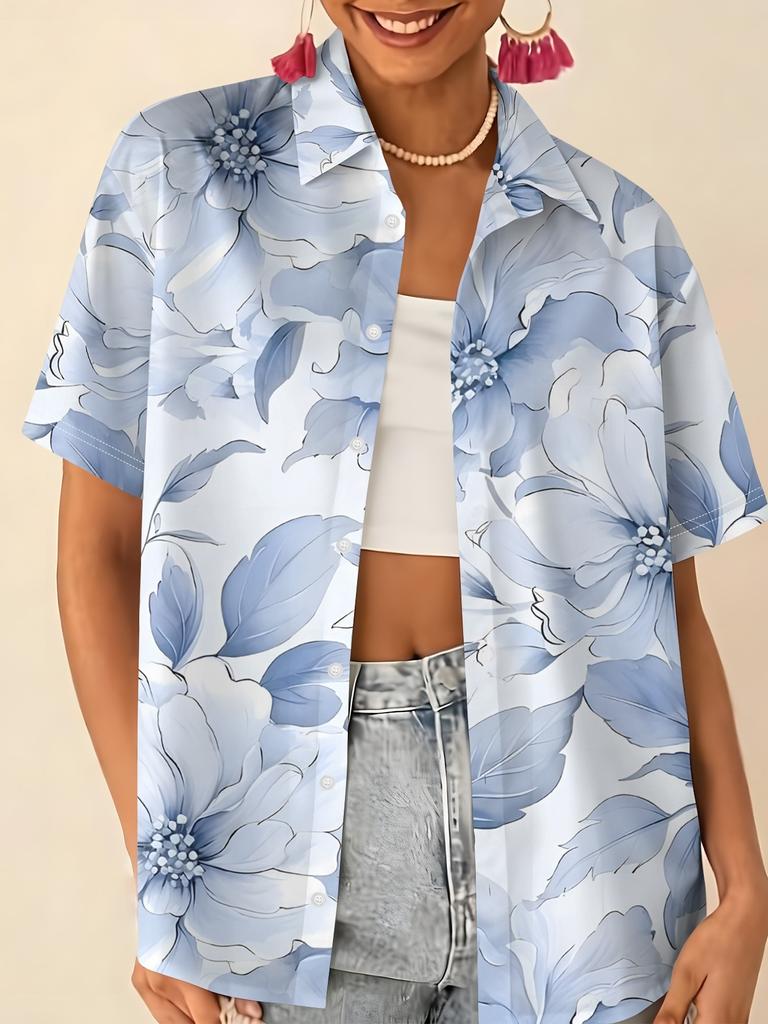 Gentle blue floral printed shirt for women, short-sleeve loose lapel design, niche vacation style top