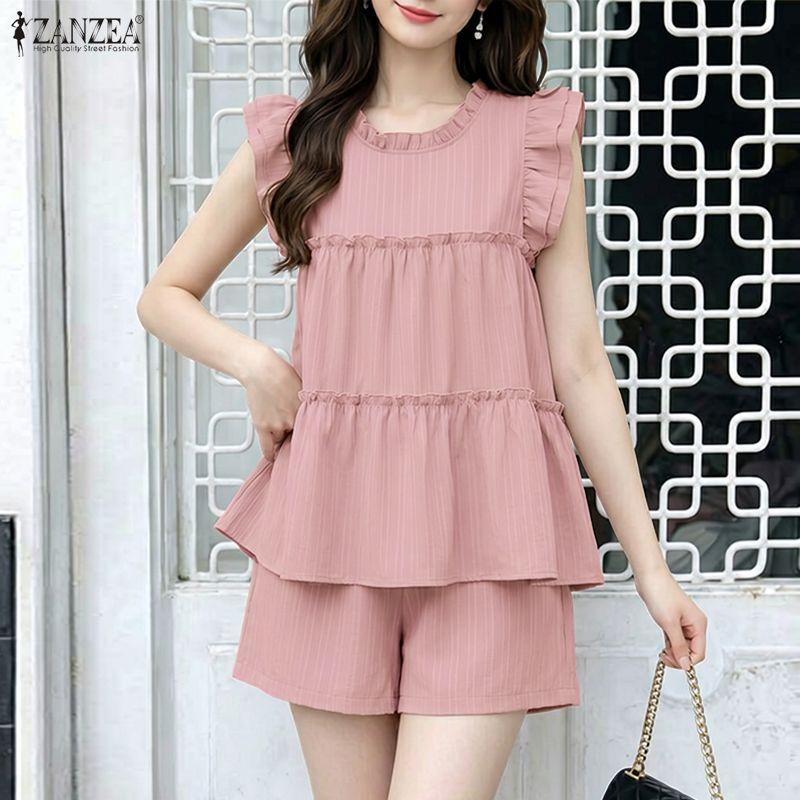 ZANZEA Women Short Sleeve Blouse and Shorts Summer Two Piece Suit Sets