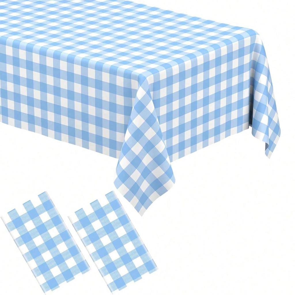 1 Pack Light Blue Gingham Tablecloth Rectangular Pale Blue and White Checkered Tablecloths Disposable Plastic Plaid Table Cover for Parties