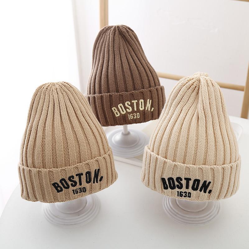 Winter Baby Knitted Hat with Earmuff Letter Embroidered Toddler Beanie Cap Solid Color Warm Woolen Kids Ear Protection Hats