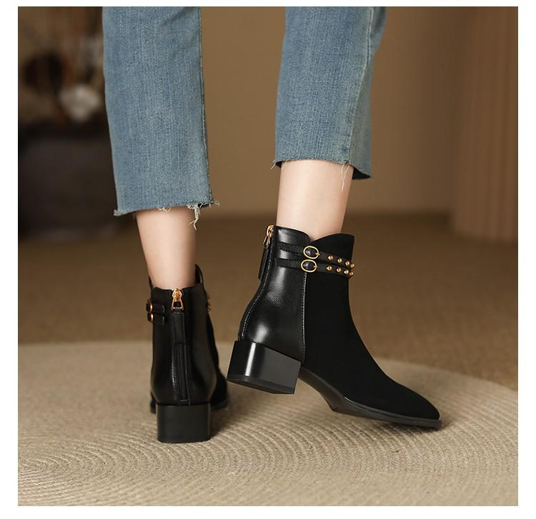 Fashion 2024 Winter Fashion Ankle Women's Boots Brand Modern Boots Women Sewing Rivet Buckle Square Toe Med Heel Back Zip Shoes Female