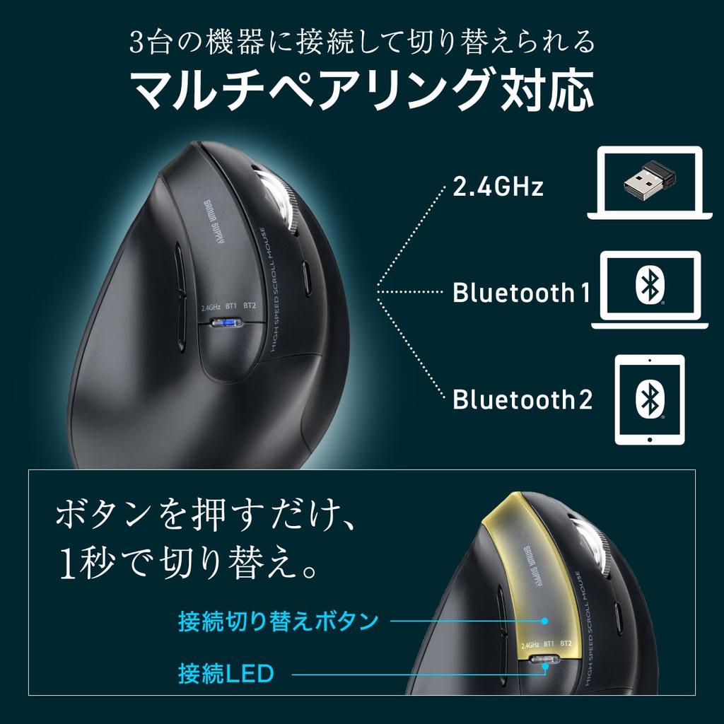 Sanwa Direct Ergonomic Wireless Mouse with Tilt Bluetooth Silent 5 Buttons Mac Wheel, High-Speed Scrolling, 2.4GHz, Operation, (Back/Forward Buttons),