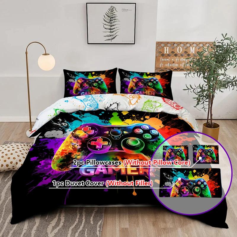 3-teiliges Bettwäscheset mit ölfarbenem Spielkonsolen-Motiv, bestehend aus 1 Bettbezug und 2 Kissenbezügen, Digitaldruck, komfortablem und weichem Stoff