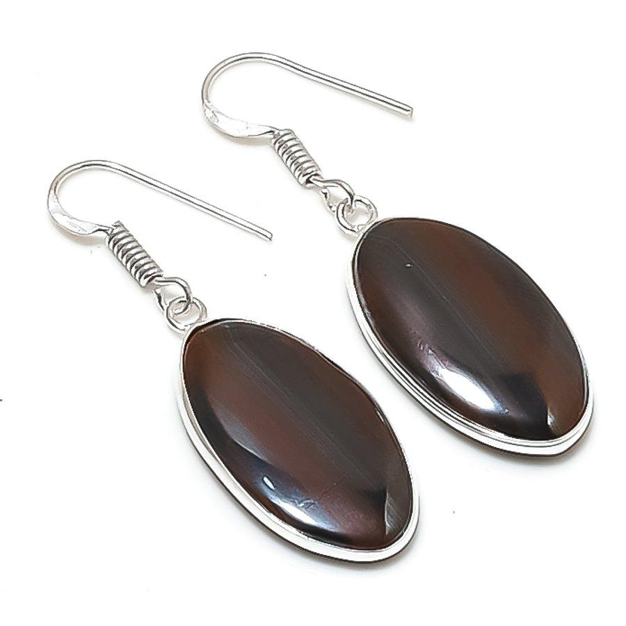 Натуральный Железный Тигровый Глаз Серебро 925 Пробы Серьга 1.77  AEE-10700