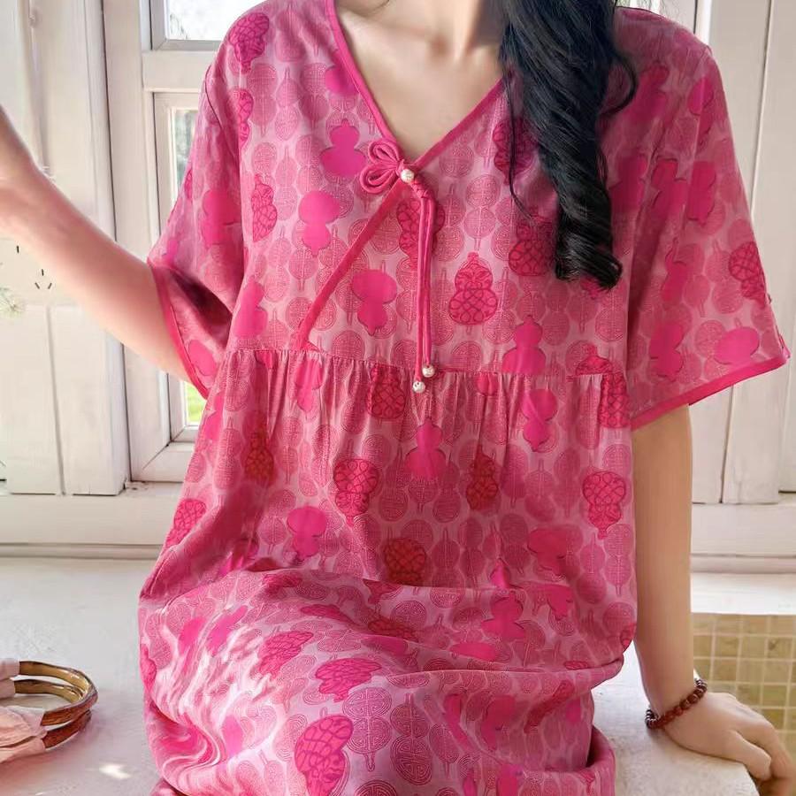 2026 Women's Lyocell Cotton Nightgown - Summer Short Sleeve, Outdoor & Homewear, New Chinese Style, Plus Size