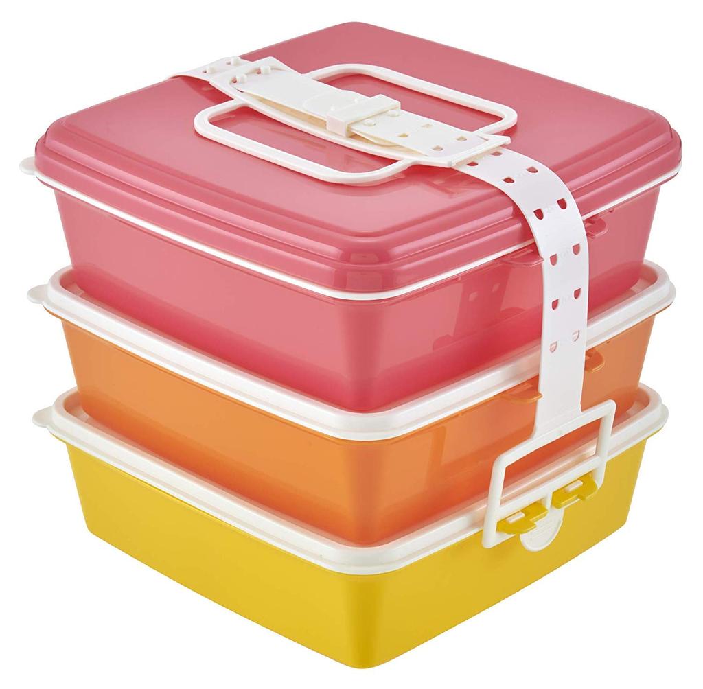 Palmart Large Bento Box, Pink, Large, Stackable Picnic Case, Square, 3 Tiers, Colors 4059