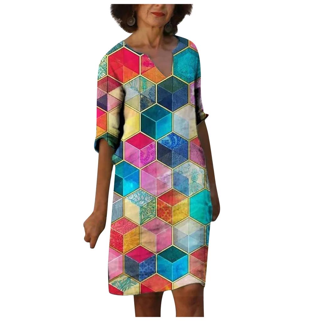 Women Summer V-neck Folk-custom Plus Size Print Loose Mid-sleeve Dress