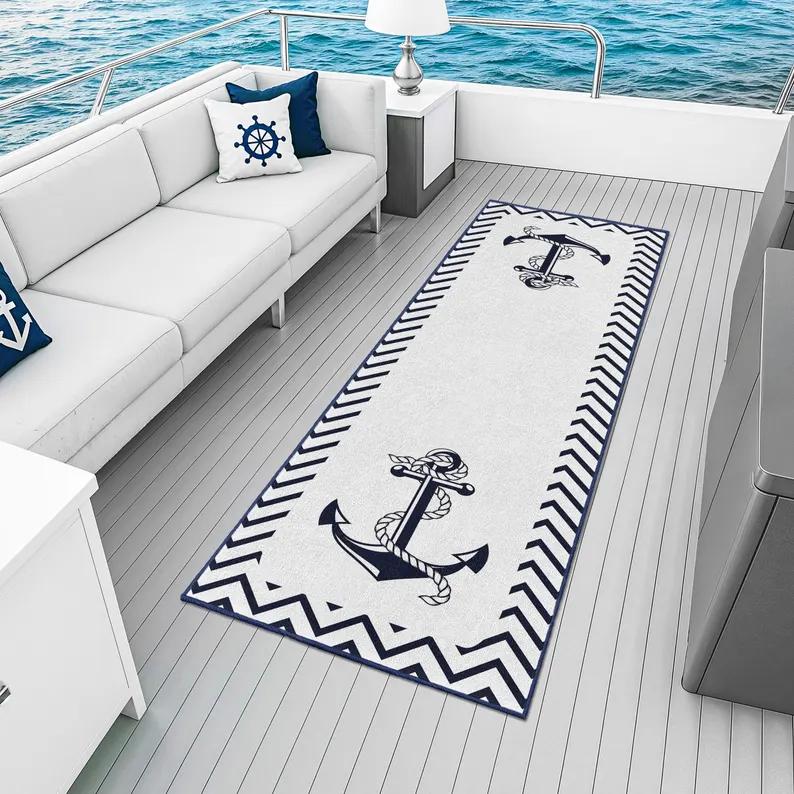Nautical Anchor Compass Area Rug, Marine Theme Non-Slip Carpet for Yacht Deck and Living Room, Coastal Home Decor