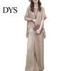 Blouse Pants Set 2 Pcs/Set Women Top Round Neck Half Sleeves Irregular Hem Dating Outfit Wide Leg Elastic Waist Trousers Daily Leisure Pantsuit