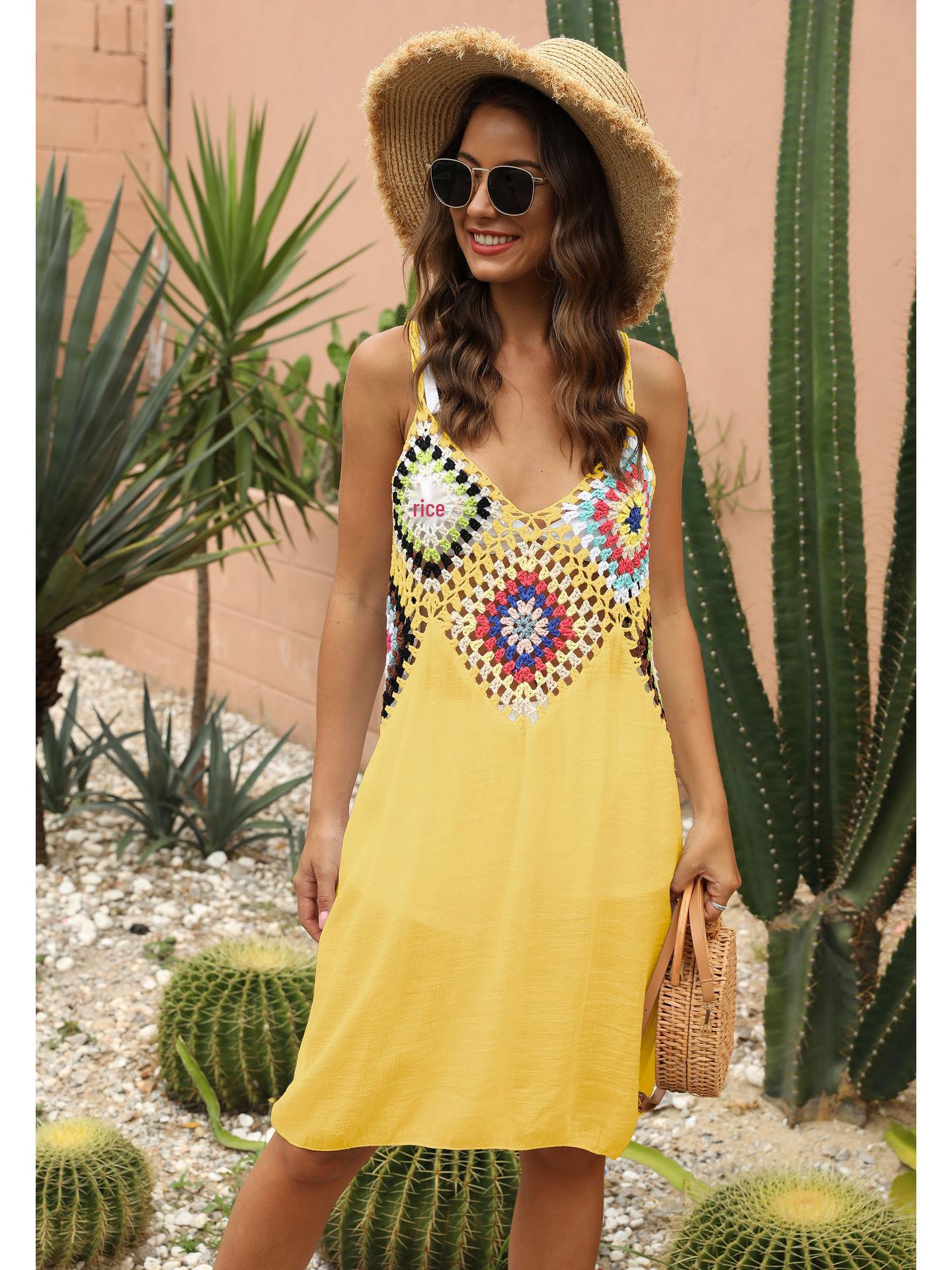 

Women s Hand-Crocheted Flower Patchwork Sleeveless Beach Cover-up Dress One Size жёлтый