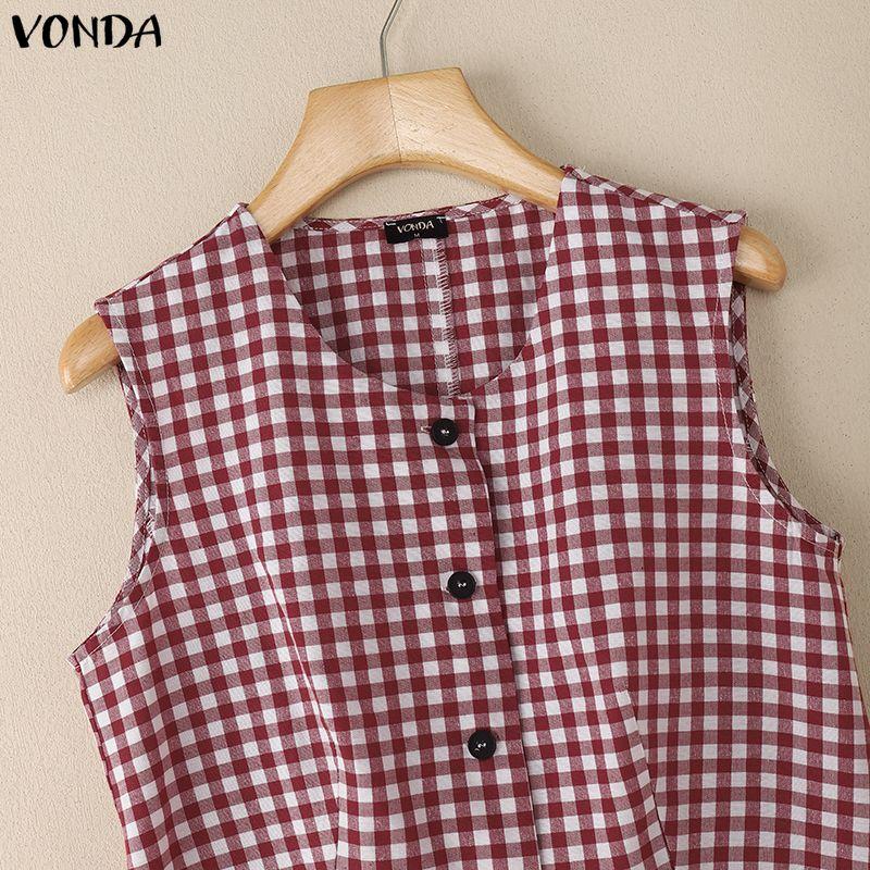 VONDA Damen Lässige Ärmellose Karierte Knöpfe Oben Weste Tanktops