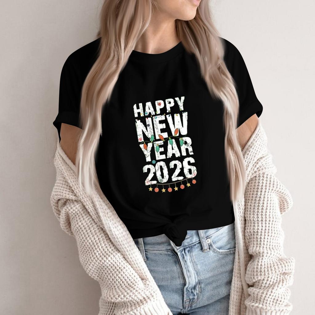 Women's Fashion 2026 New Year Printed Round Neck Short Sleeve Top