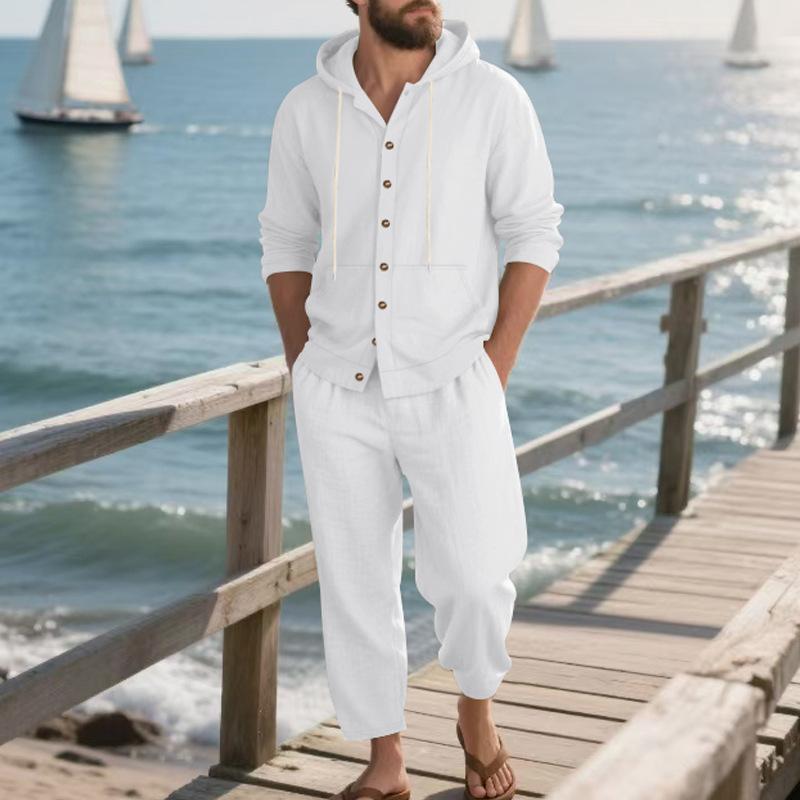 

Men s loose-fit linen hooded long-sleeved shirt and trousers casual suit XXXL білий
