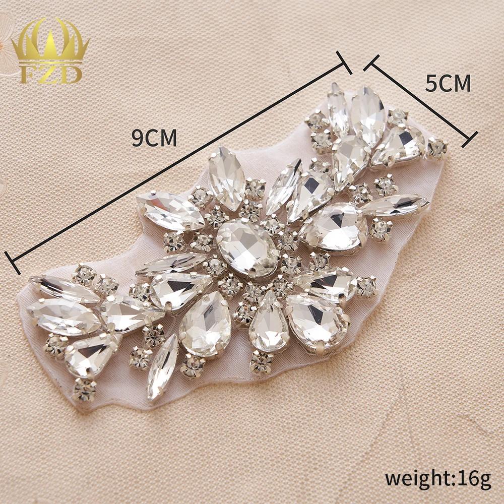 FZD 1 PC Silver Crystal Rhinestone Applique Gold Sew On For Wedding Dress Belt Pearl Patch Iron On Hot Fix Glitter Crystal Stone