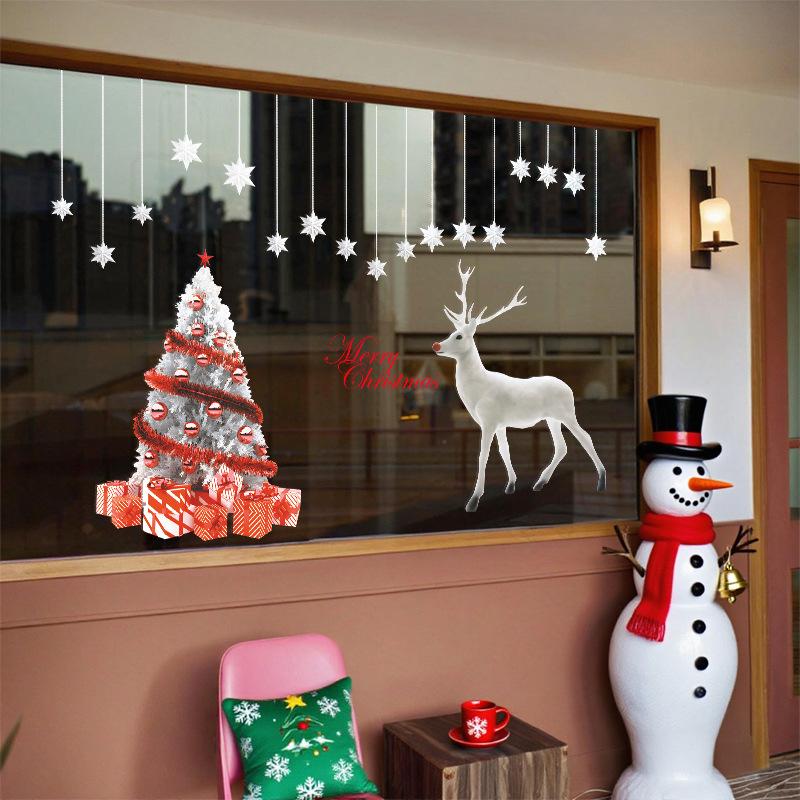 Christmas Tree Reindeer Decorations, Electrostatic Glass Door Decorations, Atmosphere Window Stickers, Window Flower Stickers