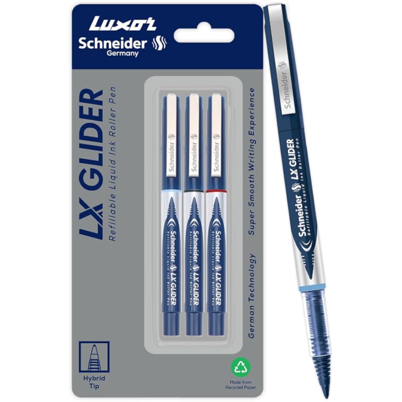 Luxor Schneider, LX Glider Pens, Pack of 3, Ink- (Blue, Black, Red) +1 Refill, Hybrid Tip, Refillable, Liquid Ink Roller