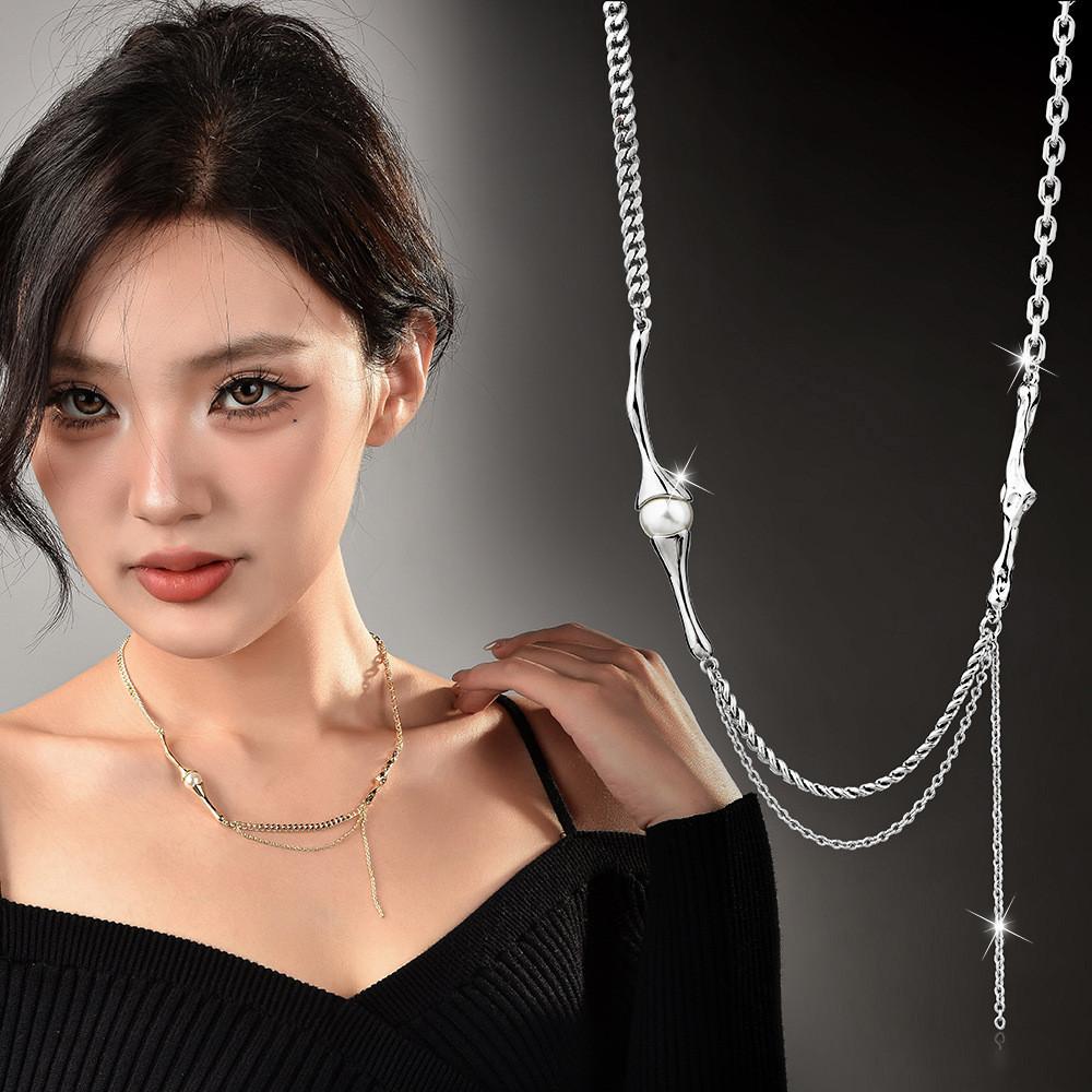 Pearl Tassel Unique Necklace With Geometric Designs And Mixed Materials For Women