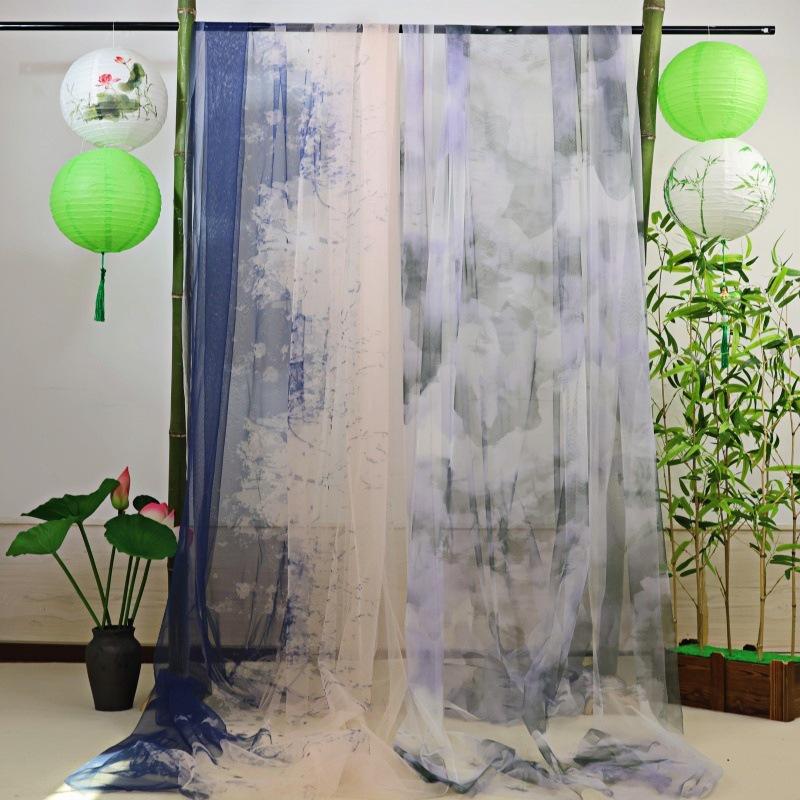 Chinese Ink Wash Landscape Tie-Dye Green Gauze Curtain for Wedding or Mall Decor