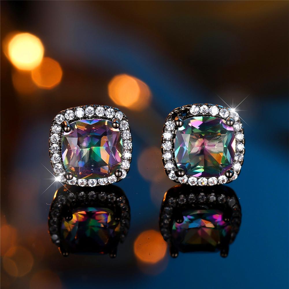 Cute Female Crystal Rainbow Zircon Stone Square Stud Earrings Black Gold Color Wedding Jewelry For Women
