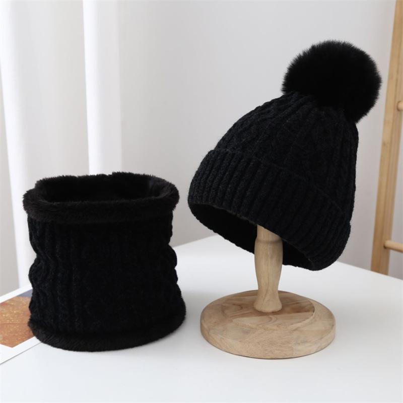 Wool hat, autumn and winter versatile knitted hat, chenille warm ear protector, fleece cold-proof hat, scarf two-piece set