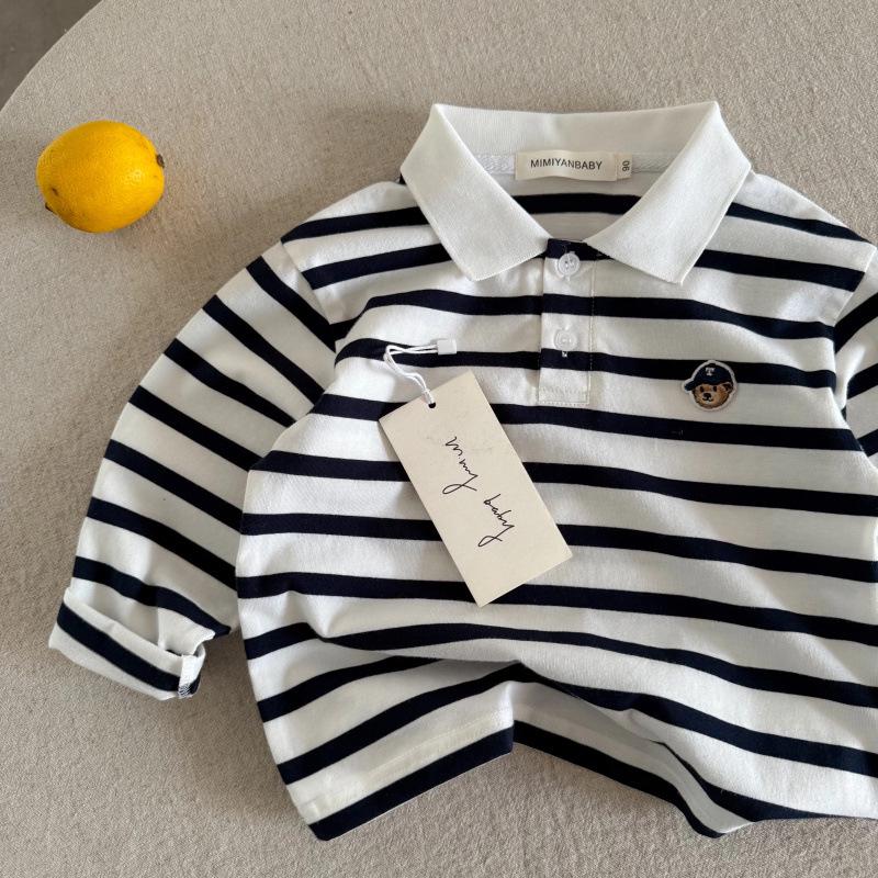 

Детская полосатая рубашка поло - Осенний трендовый дизайн с мишкой для мальчиков и девочек 130cm