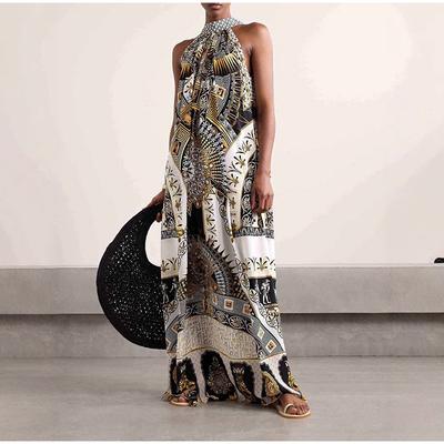 Women Summer O Neck Patchwork Party Dress Sleeveless Printing Fashion Maxi Dress 2025 Lace-Up Loose Ladies Dress