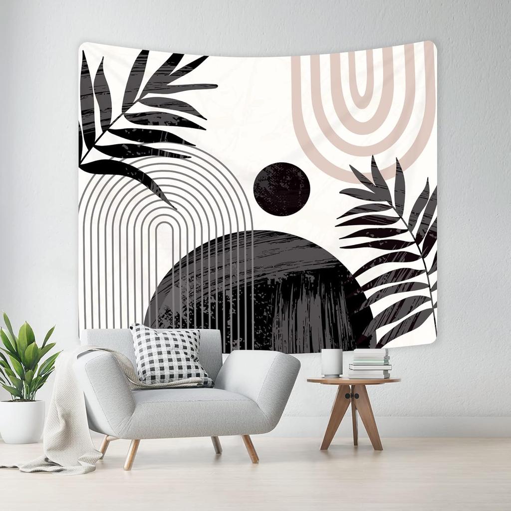 Abstract Black Boho Mid Century Tapestry Modern Aesthetic Minimalist Wall Hanging Sun Leaves Pink Arch Neutral Contemporary