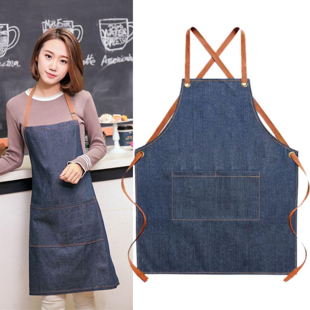 Dirt-resistant Cross Back Denim Apron Wear-resistant Adjustable Waist Kitchen Chef Apron Unisex with Pocket Painting Apron