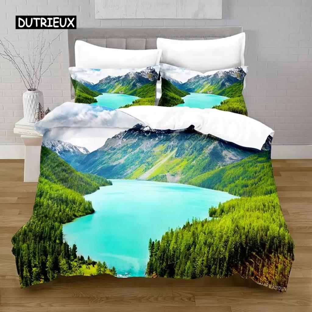 Lake Duvet Cover Set Lake Mountain Peak Stone Pattern Quilt Cover For Teens Adults Natural Scenery Theme Microfiber Bedding Set