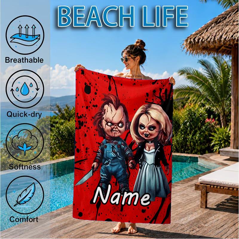 Custom Name Chucky's Bloody Invitation Beach Towel Microfiber Beach Towel, Lightweight and Quick-Dry, for Summer Travel, Swimming Pool Gift